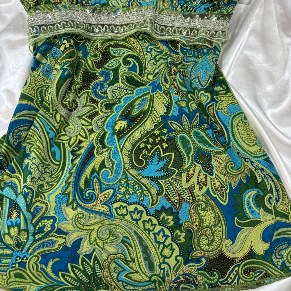 y2k Cami Top Green Excellent Paisley Sequin Empire Waist Perseption Tank - Picture 2 of 7